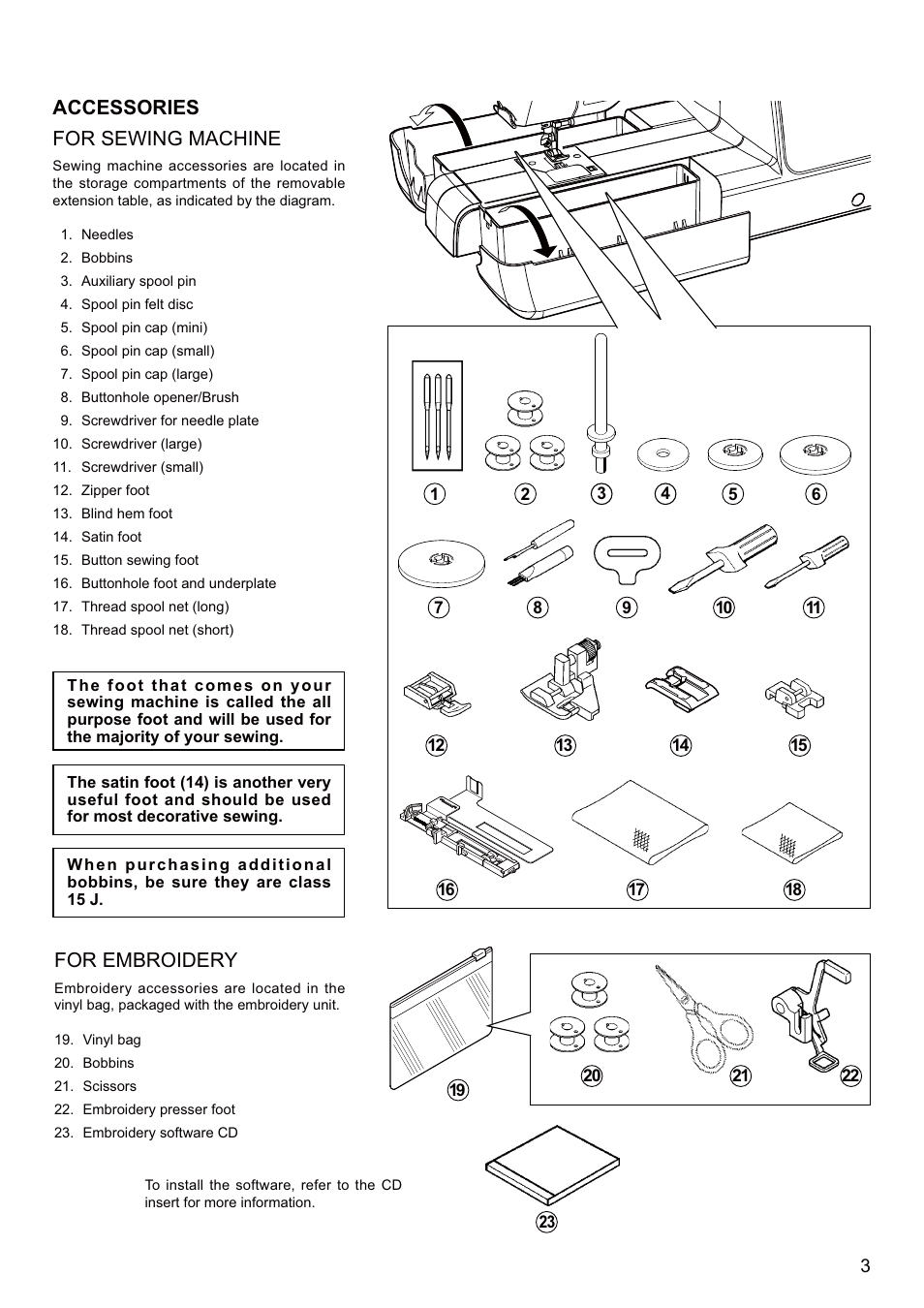 Accessories for sewing machine, For embroidery | SINGER SEQS-6700 FUTURA QUARTET Instruction Manual User Manual | Page 5 / 68