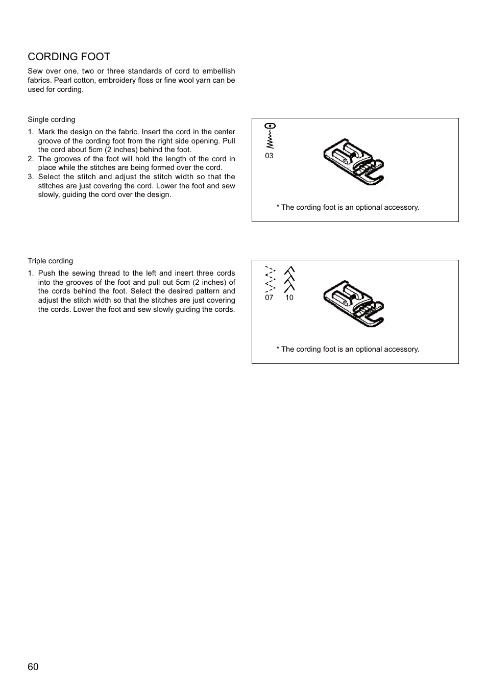 Cording foot | SINGER SEQS-6700 FUTURA QUARTET Instruction Manual User Manual | Page 62 / 68