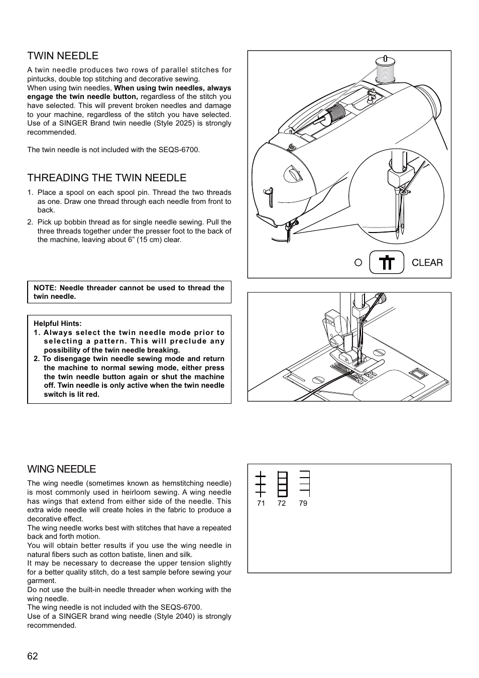 Twin needle, Threading the twin needle, Wing needle | SINGER SEQS-6700 FUTURA QUARTET Instruction Manual User Manual | Page 64 / 68