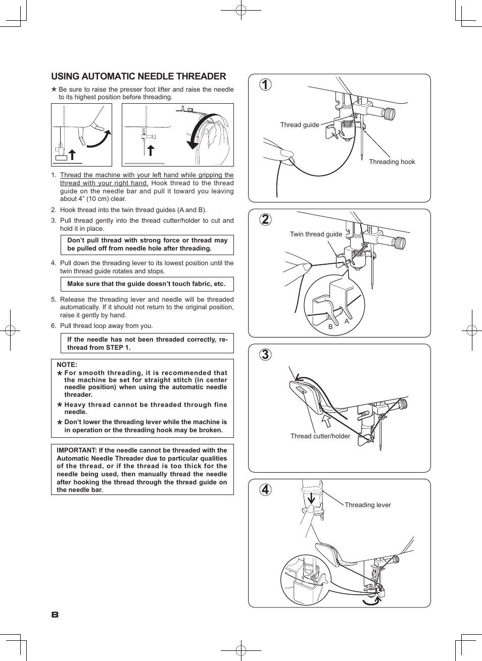 Using automatic needle threader | SINGER SEQS-6000 FUTURA QUARTET Instruction Manual User Manual | Page 10 / 64