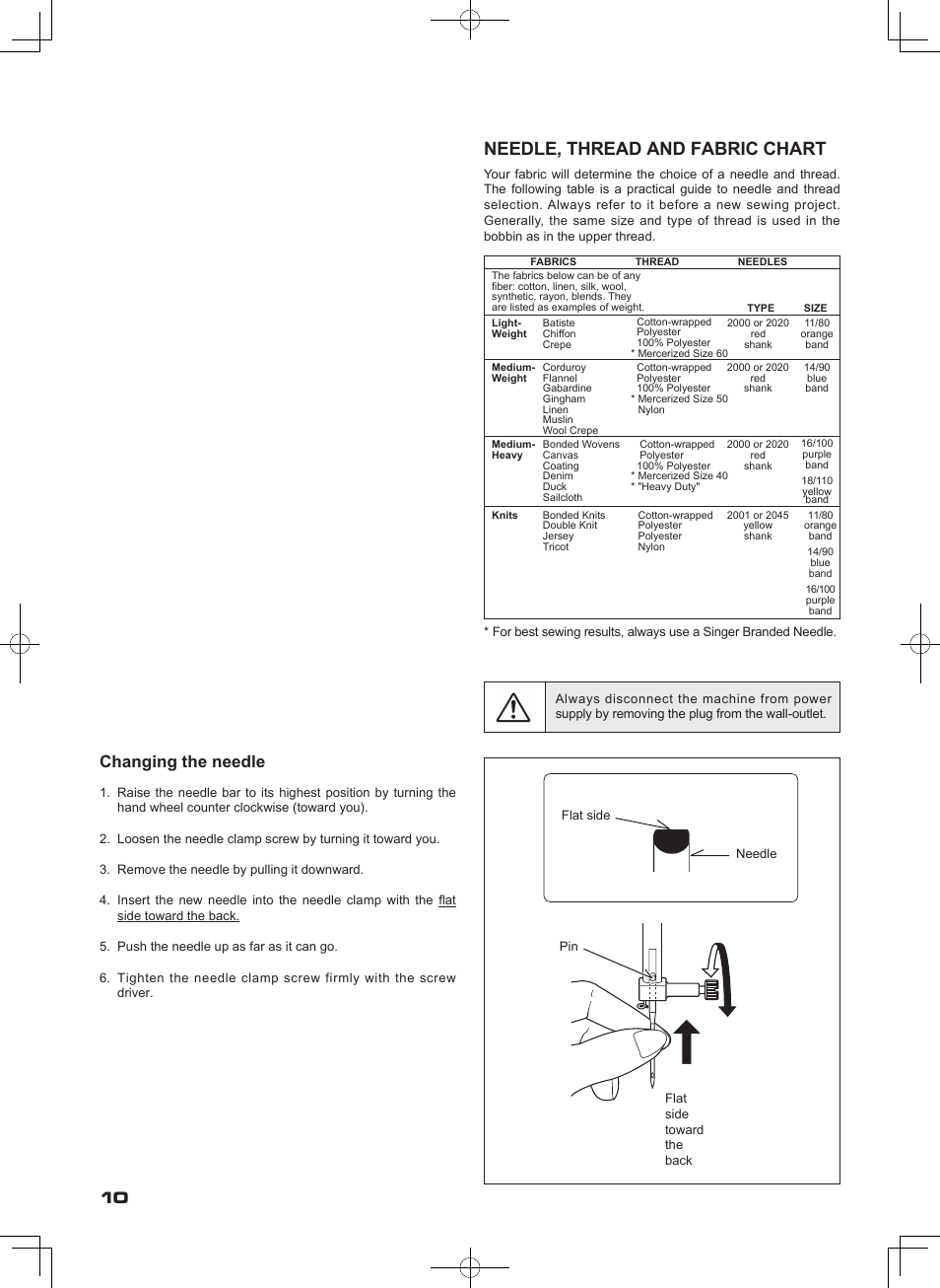 Needle, thread and fabric chart, 10 changing the needle | SINGER SEQS-6000 FUTURA QUARTET Instruction Manual User Manual | Page 12 / 64