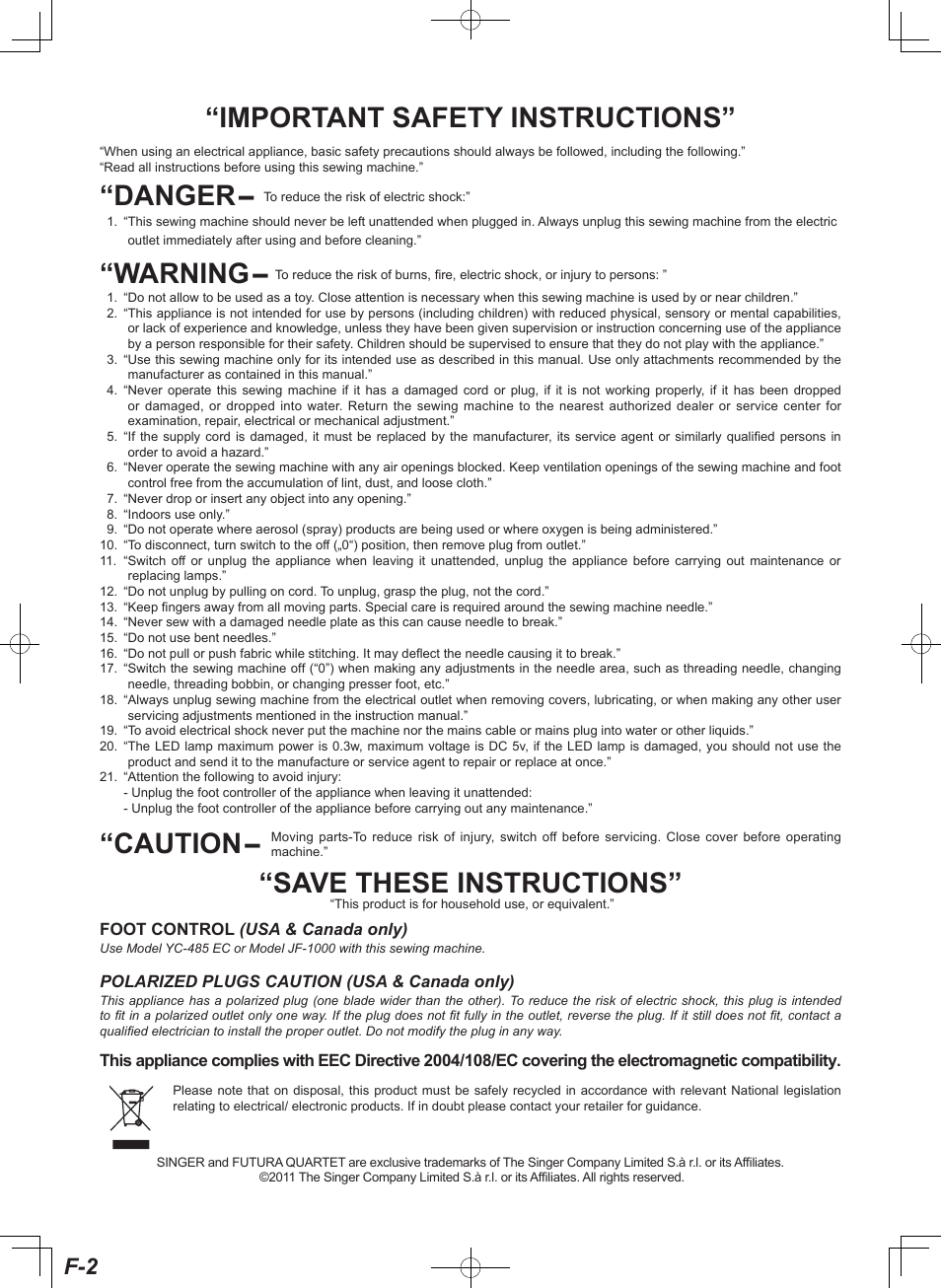 Important safety instructions” “warning, Save these instructions, Danger | Caution | SINGER SEQS-6000 FUTURA QUARTET Instruction Manual User Manual | Page 2 / 64