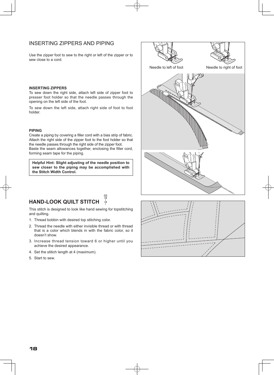 Inserting zippers and piping, Hand-look quilt stitch | SINGER SEQS-6000 FUTURA QUARTET Instruction Manual User Manual | Page 20 / 64