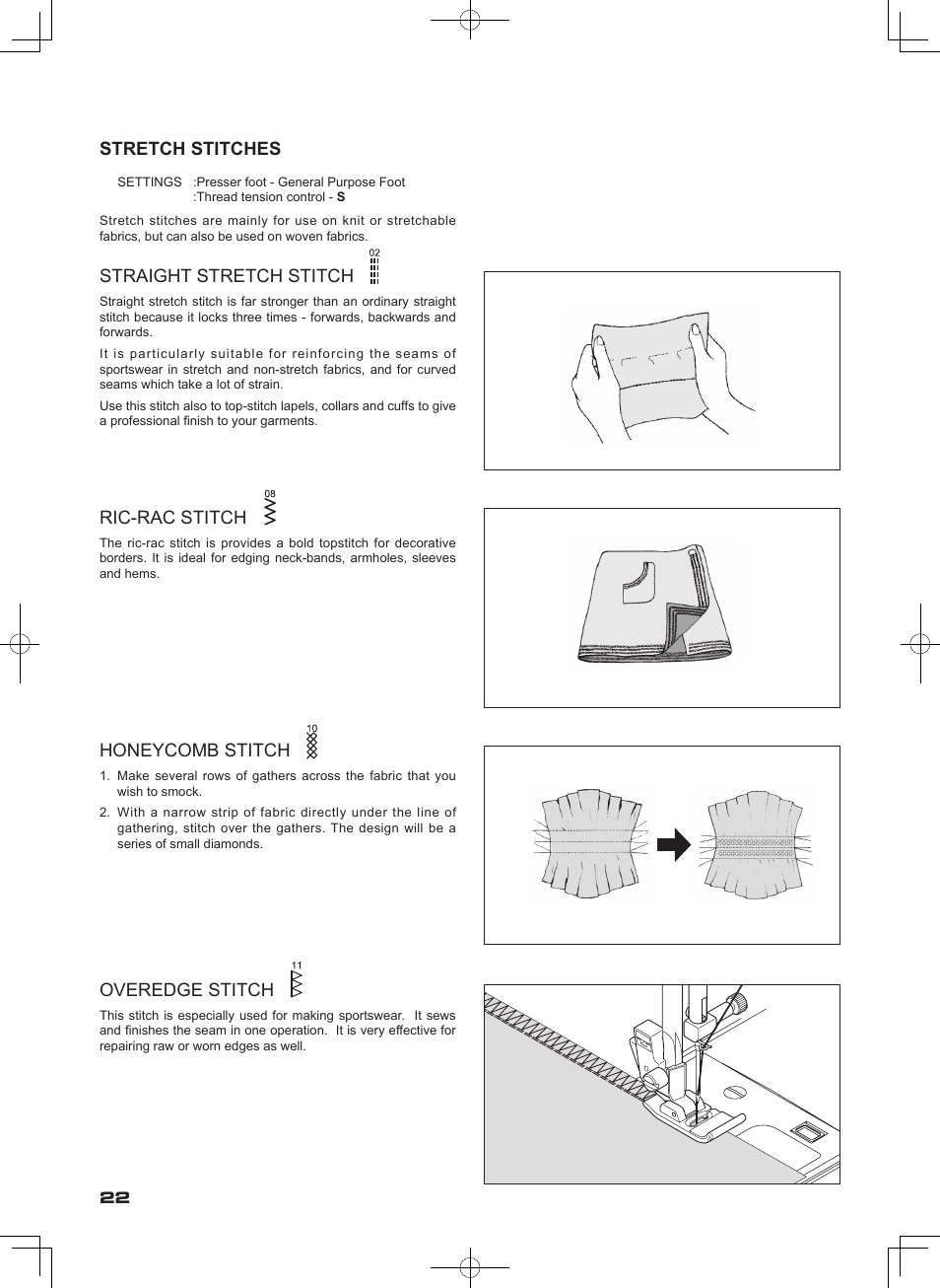 Stretch stitches, Straight stretch stitch, Overedge stitch | Ric-rac stitch, Honeycomb stitch | SINGER SEQS-6000 FUTURA QUARTET Instruction Manual User Manual | Page 24 / 64