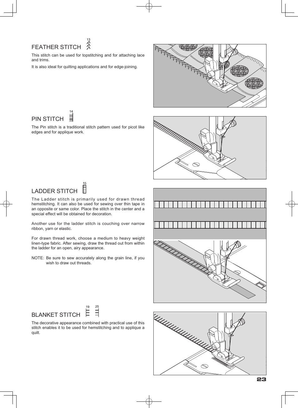 Blanket stitch, Feather stitch, Pin stitch | Ladder stitch | SINGER SEQS-6000 FUTURA QUARTET Instruction Manual User Manual | Page 25 / 64