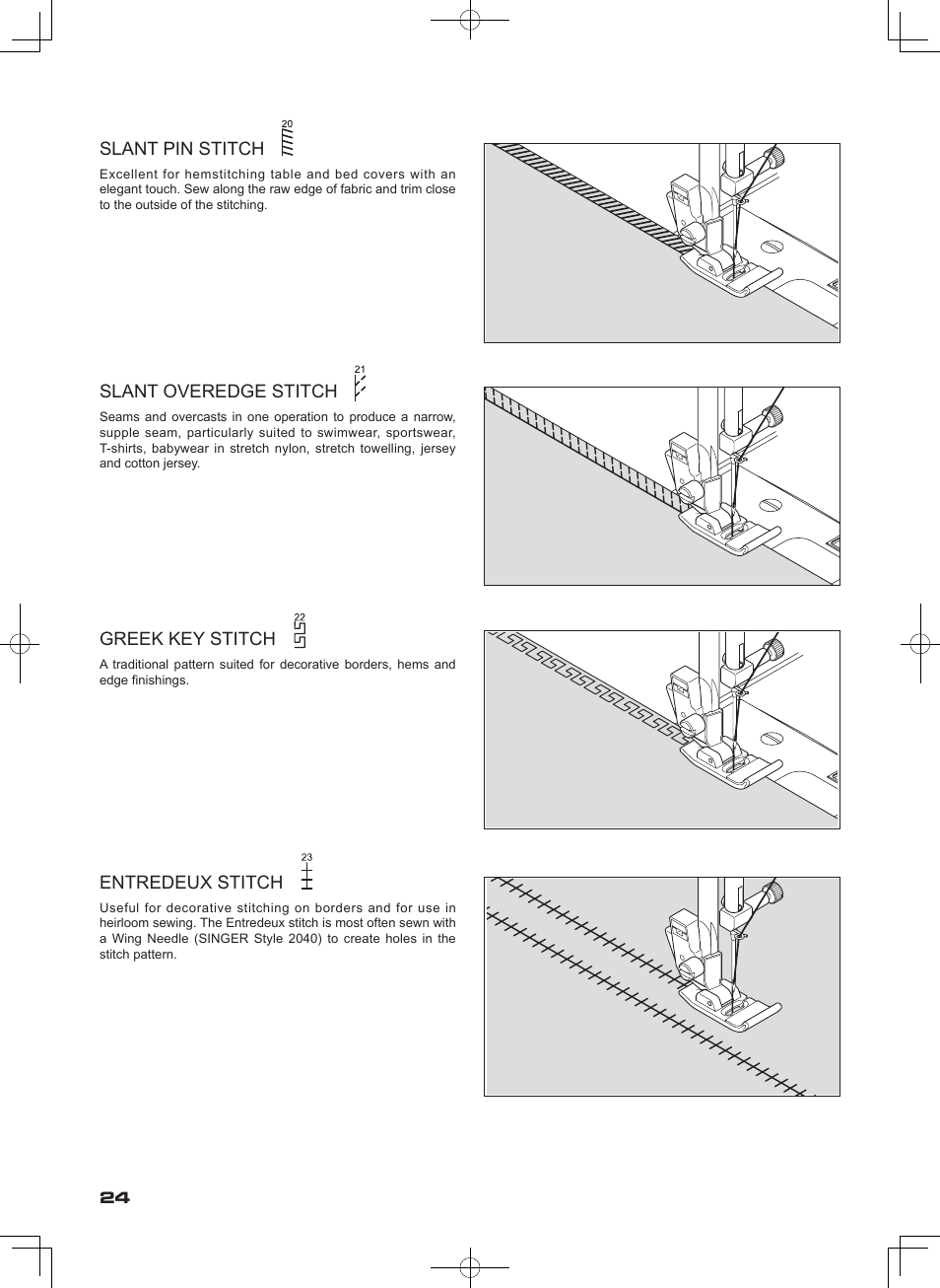 Slant pin stitch, Slant overedge stitch, Greek key stitch | Entredeux stitch | SINGER SEQS-6000 FUTURA QUARTET Instruction Manual User Manual | Page 26 / 64