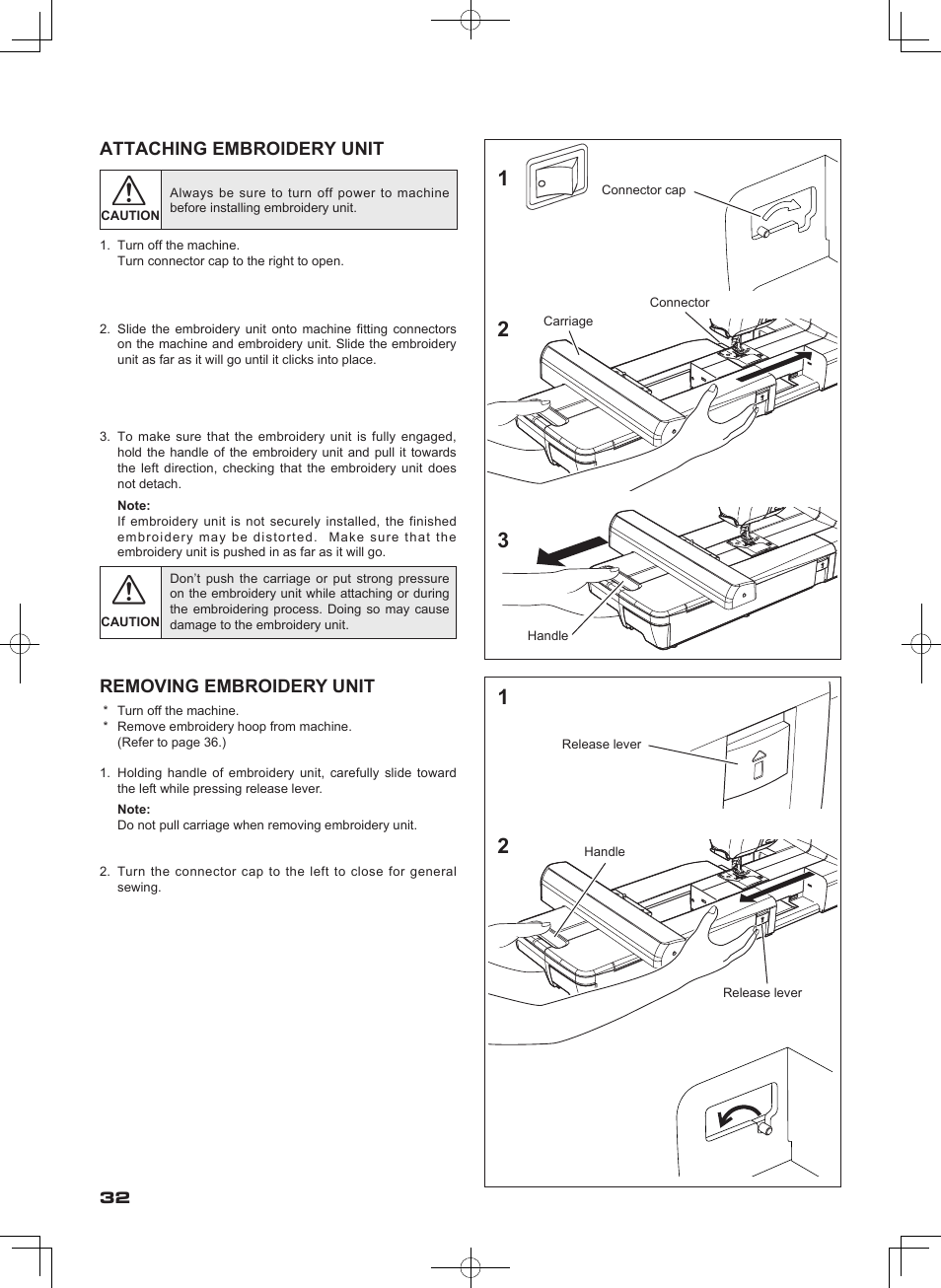 Attaching embroidery unit, Removing embroidery unit | SINGER SEQS-6000 FUTURA QUARTET Instruction Manual User Manual | Page 34 / 64
