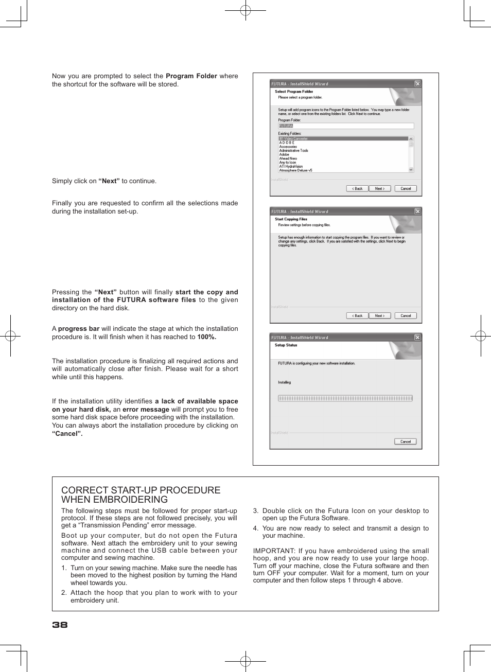Correct start-up procedure when embroidering | SINGER SEQS-6000 FUTURA QUARTET Instruction Manual User Manual | Page 40 / 64
