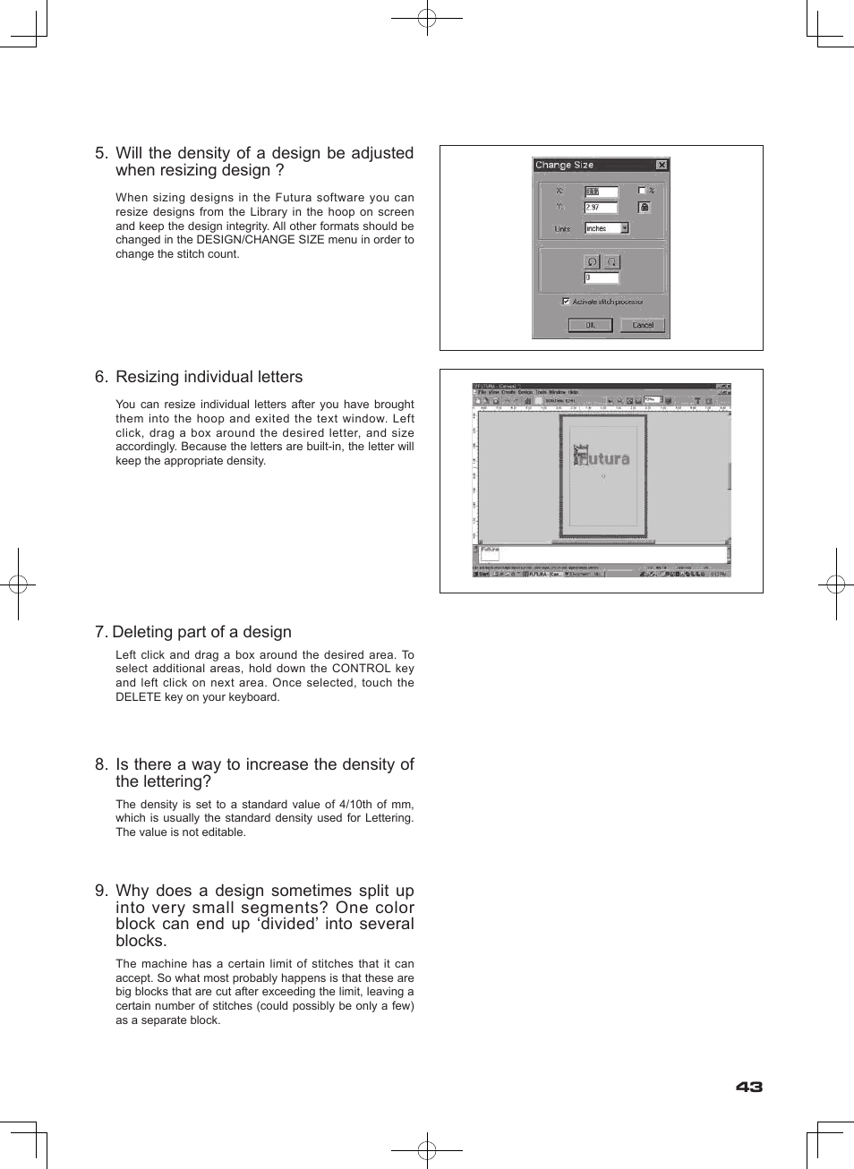 Resizing individual letters, Deleting part of a design | SINGER SEQS-6000 FUTURA QUARTET Instruction Manual User Manual | Page 45 / 64
