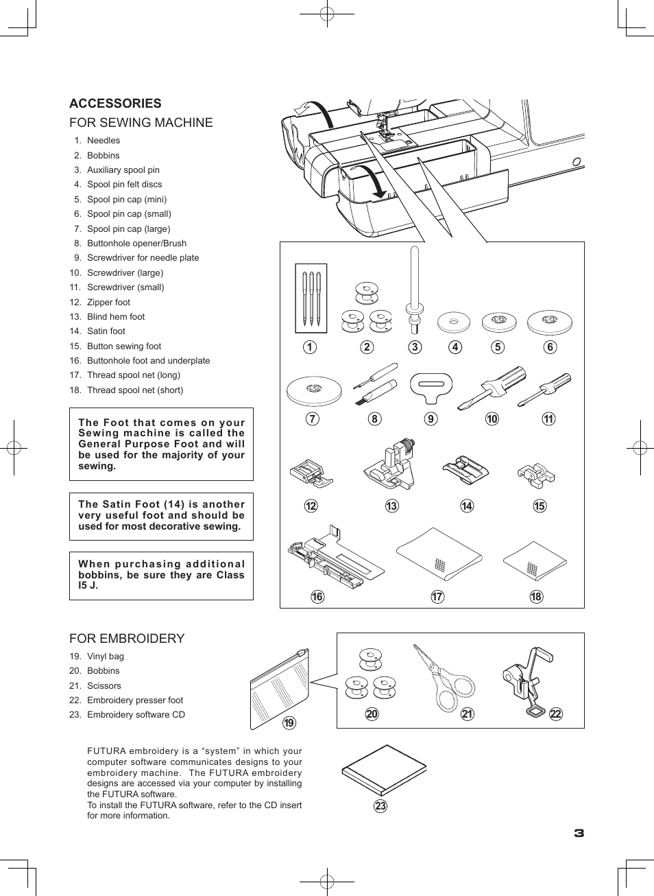Accessories for sewing machine, For embroidery | SINGER SEQS-6000 FUTURA QUARTET Instruction Manual User Manual | Page 5 / 64