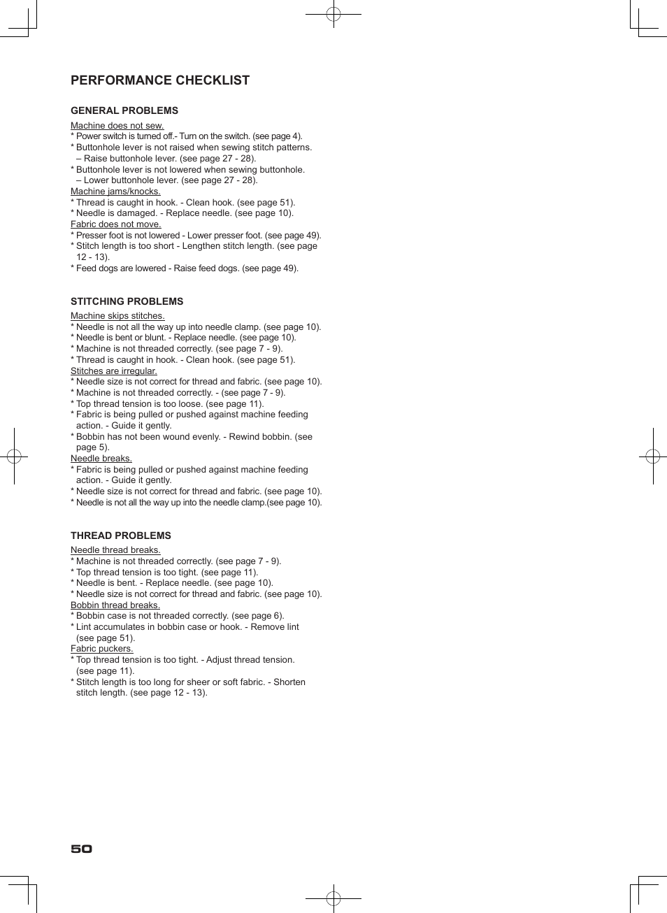 Performance checklist | SINGER SEQS-6000 FUTURA QUARTET Instruction Manual User Manual | Page 52 / 64