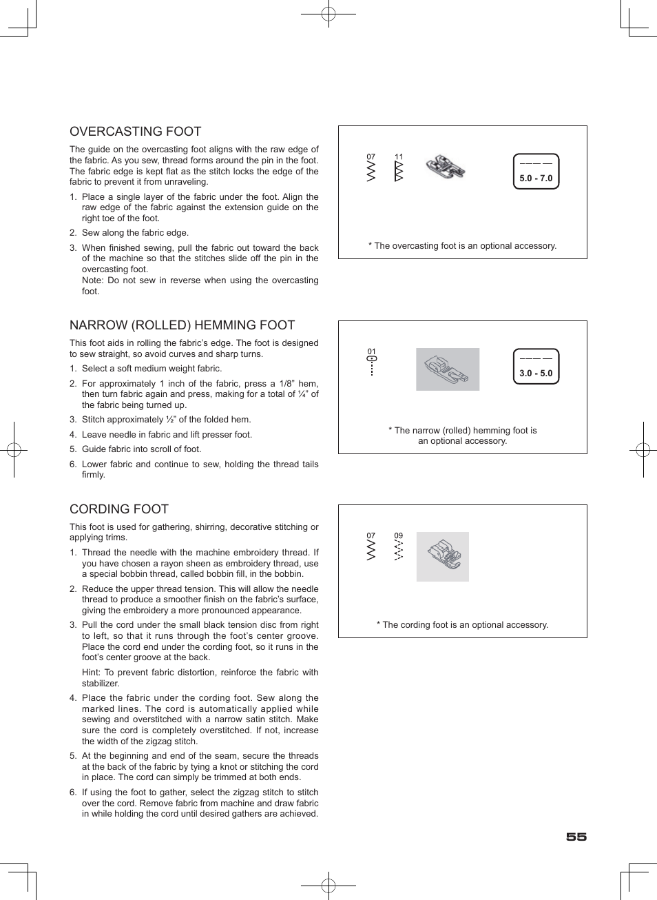 Overcasting foot, Narrow (rolled) hemming foot, Cording foot | SINGER SEQS-6000 FUTURA QUARTET Instruction Manual User Manual | Page 57 / 64