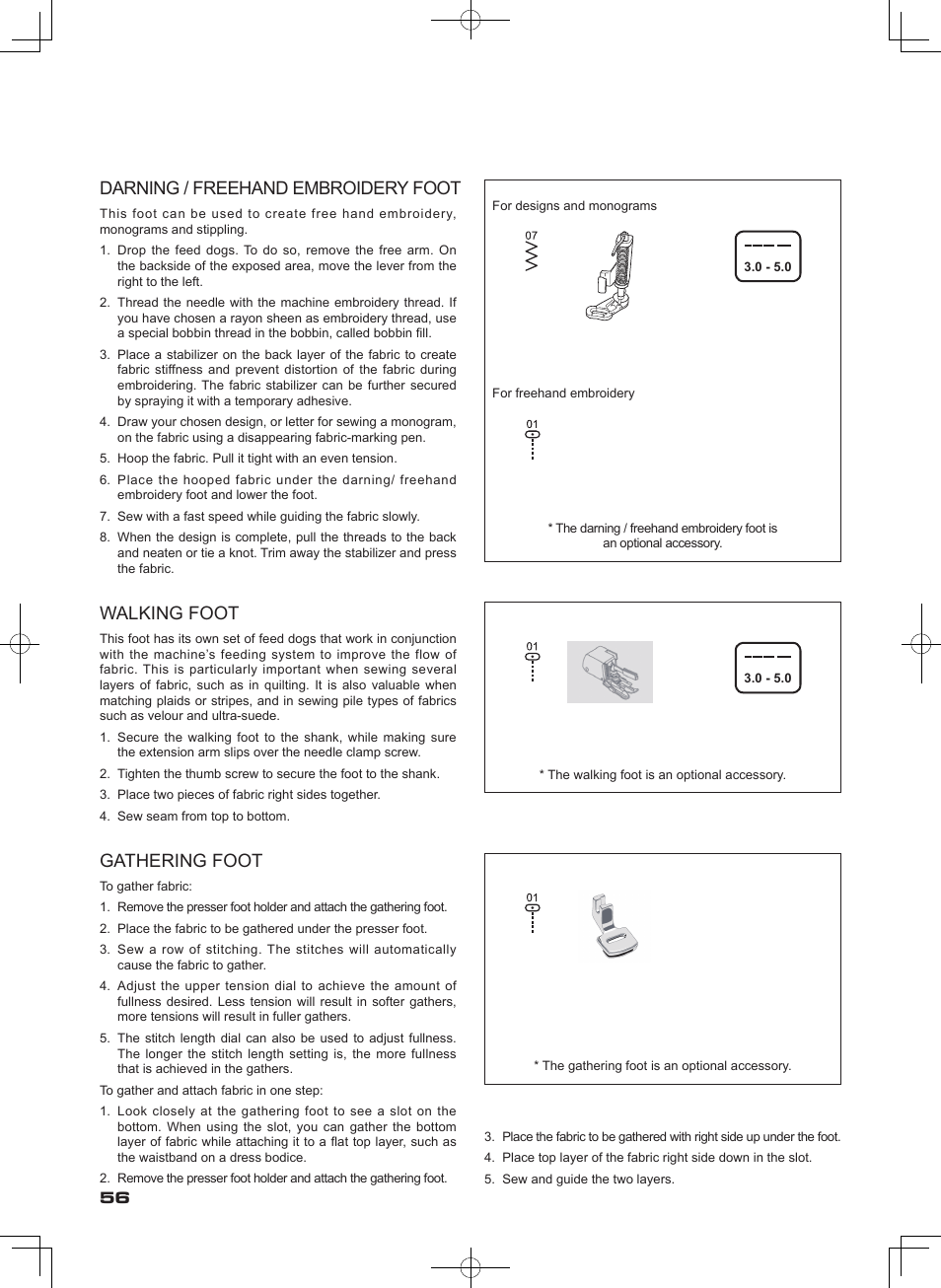 Walking foot, Gathering foot, Darning / freehand embroidery foot | SINGER SEQS-6000 FUTURA QUARTET Instruction Manual User Manual | Page 58 / 64