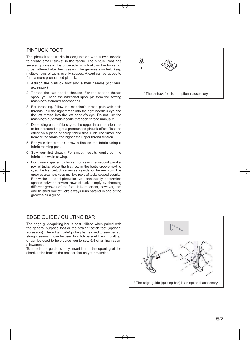 Pintuck foot, Edge guide / quilting bar | SINGER SEQS-6000 FUTURA QUARTET Instruction Manual User Manual | Page 59 / 64