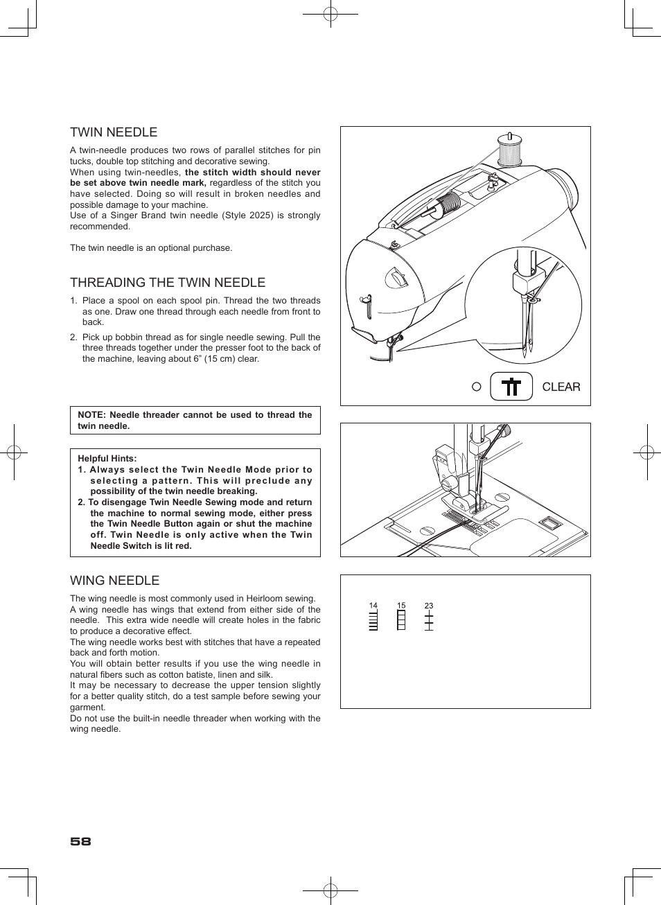 Wing needle, Twin needle, Threading the twin needle | SINGER SEQS-6000 FUTURA QUARTET Instruction Manual User Manual | Page 60 / 64