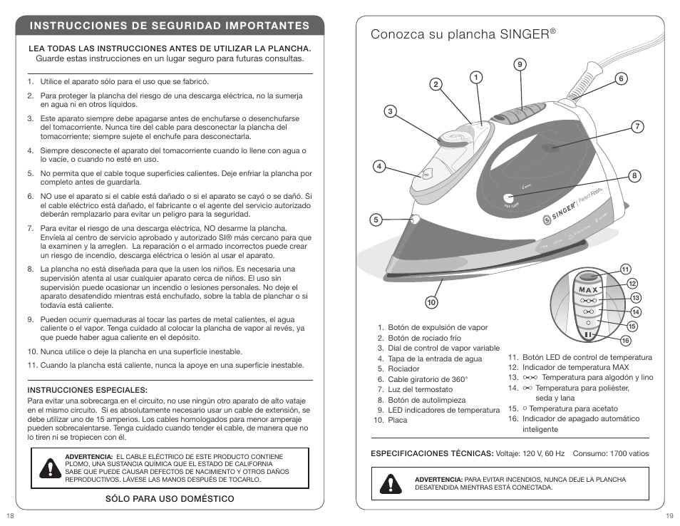 Conozca su plancha singer, Instrucciones de seguridad importantes | SINGER PERFECT FINISH User Manual | Page 10 / 17