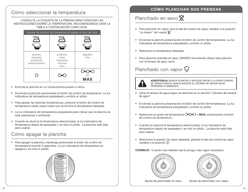 Planchado en seco, Planchado con vapor, Cómo planchar sus prendas | SINGER PERFECT FINISH User Manual | Page 12 / 17