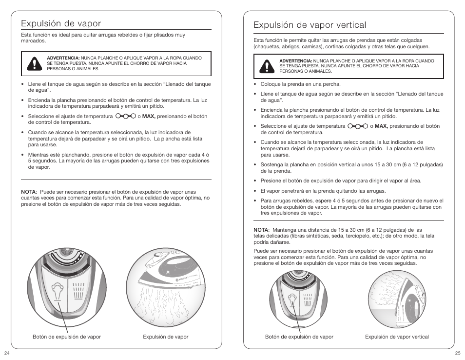 Expulsión de vapor, Expulsión de vapor vertical | SINGER PERFECT FINISH User Manual | Page 13 / 17