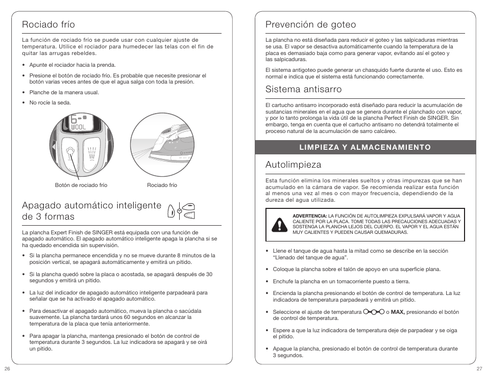 Rociado frío, Prevención de goteo, Sistema antisarro | Autolimpieza, Apagado automático inteligente de 3 formas | SINGER PERFECT FINISH User Manual | Page 14 / 17