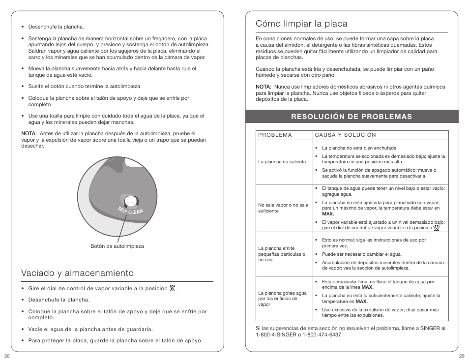 Vaciado y almacenamiento, Cómo limpiar la placa, Resolución de problemas | SINGER PERFECT FINISH User Manual | Page 15 / 17