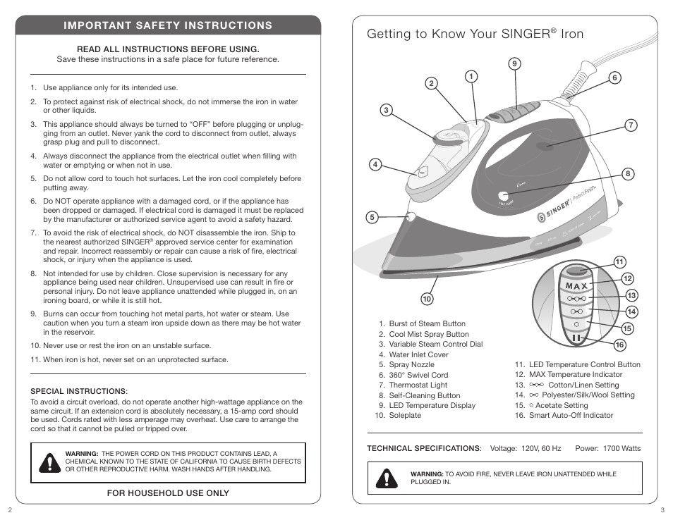 Getting to know your singer, Iron, Important safety instructions | SINGER PERFECT FINISH User Manual | Page 2 / 17