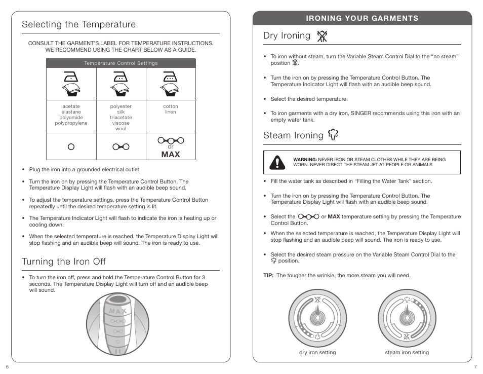 Selecting the temperature turning the iron off, Dry ironing, Steam ironing | Ironing your garments | SINGER PERFECT FINISH User Manual | Page 4 / 17