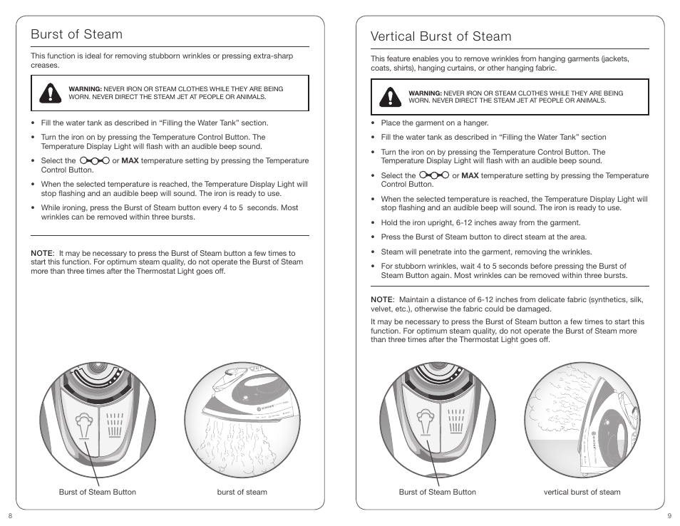 Burst of steam, Vertical burst of steam | SINGER PERFECT FINISH User Manual | Page 5 / 17