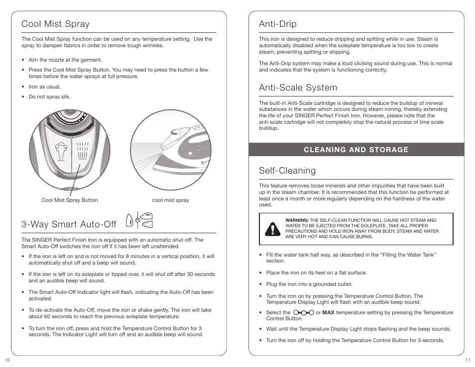 Cool mist spray, Way smart auto-off, Anti-drip | Anti-scale system, Self-cleaning | SINGER PERFECT FINISH User Manual | Page 6 / 17