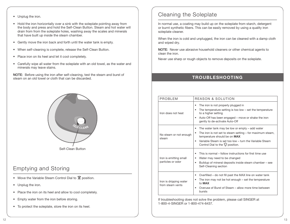 Emptying and storing, Cleaning the soleplate, Troubleshooting | SINGER PERFECT FINISH User Manual | Page 7 / 17