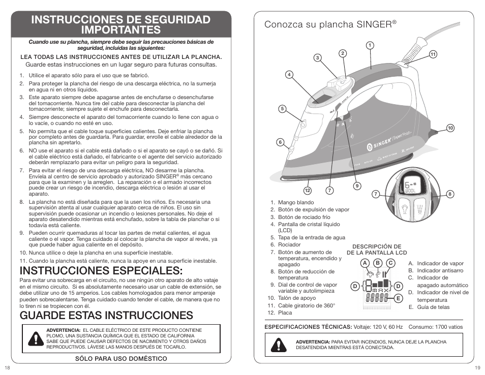 Instrucciones especiales, Guarde estas instrucciones, Instrucciones de seguridad importantes | Conozca su plancha singer | SINGER EXPERT FINISH User Manual | Page 10 / 17