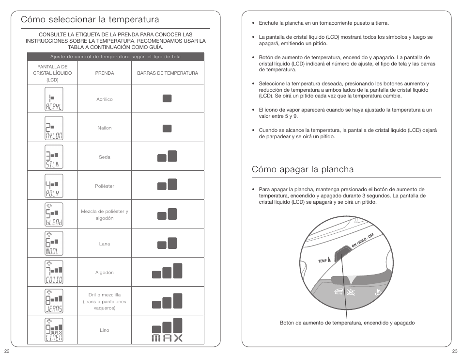 Cómo seleccionar la temperatura, Cómo apagar la plancha | SINGER EXPERT FINISH User Manual | Page 12 / 17