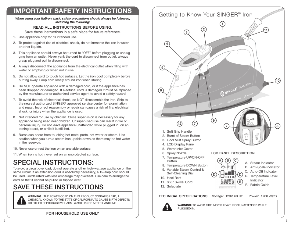 Important safety instructions, Special instructions, Save these instructions | Getting to know your singer, Iron | SINGER EXPERT FINISH User Manual | Page 2 / 17
