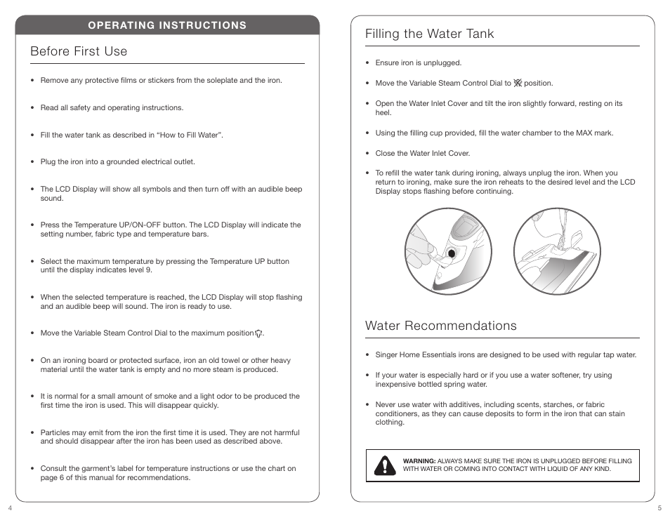 Before first use, Filling the water tank, Water recommendations | Operating instructions | SINGER EXPERT FINISH User Manual | Page 3 / 17