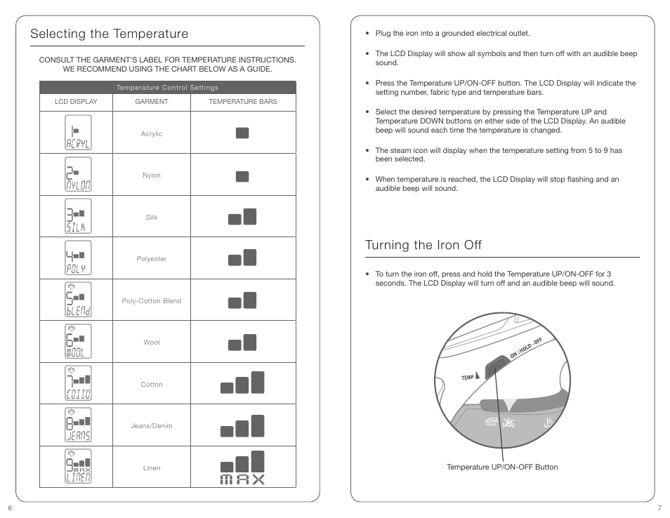 Selecting the temperature, Turning the iron off | SINGER EXPERT FINISH User Manual | Page 4 / 17