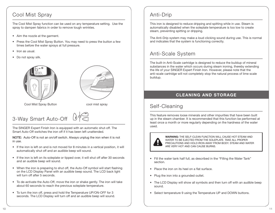 Cool mist spray, Way smart auto-off, Anti-drip | Anti-scale system, Self-cleaning | SINGER EXPERT FINISH User Manual | Page 6 / 17