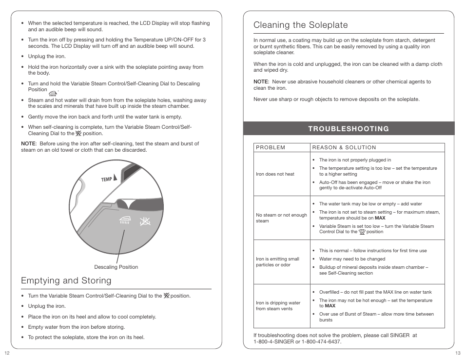 Cleaning the soleplate, Emptying and storing, Troubleshooting | SINGER EXPERT FINISH User Manual | Page 7 / 17