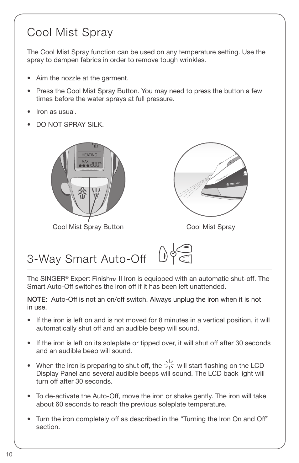 Cool mist spray, Way smart auto-off | SINGER EXPERT FINISH II User Manual | Page 10 / 45