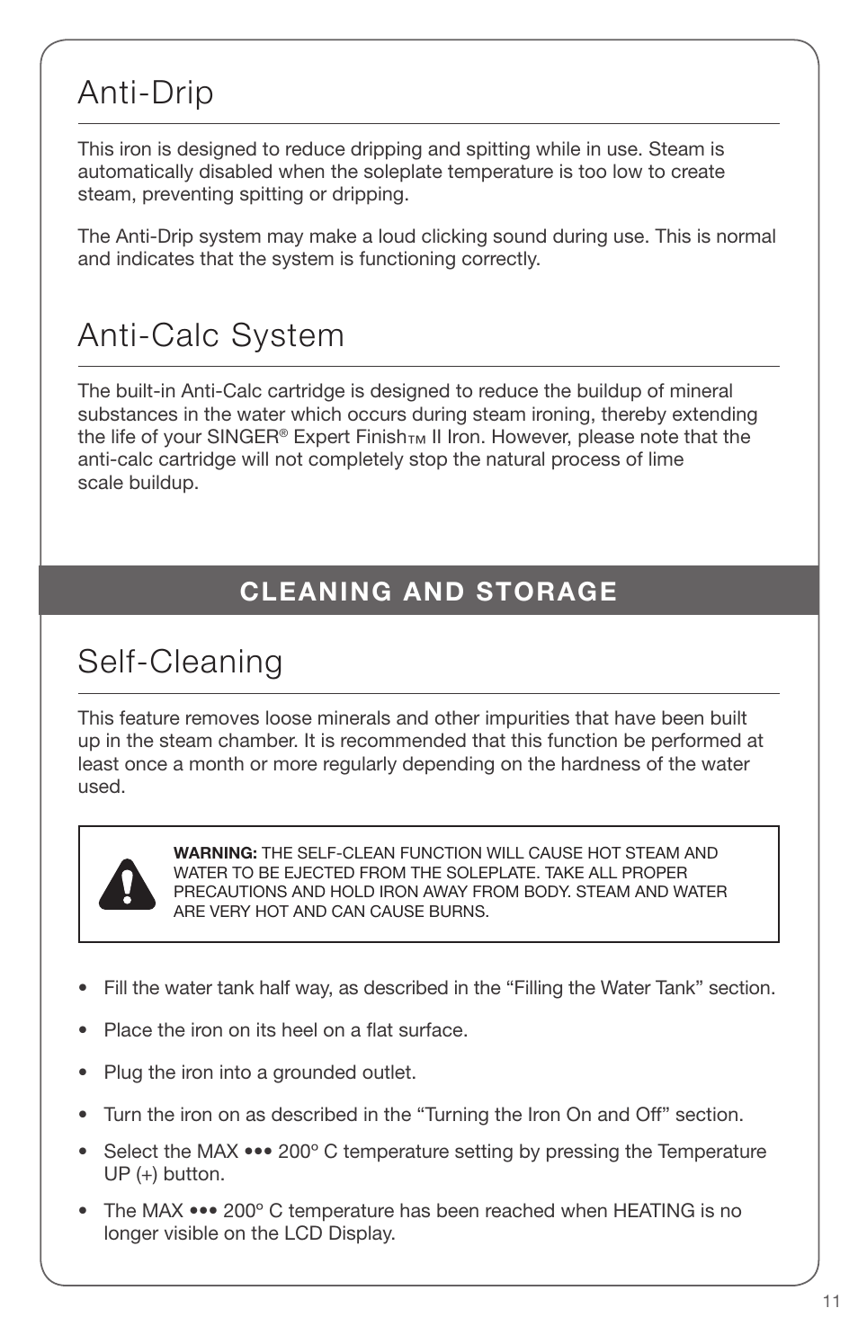 Anti-drip, Anti-calc system, Self-cleaning | Cleaning and storage | SINGER EXPERT FINISH II User Manual | Page 11 / 45