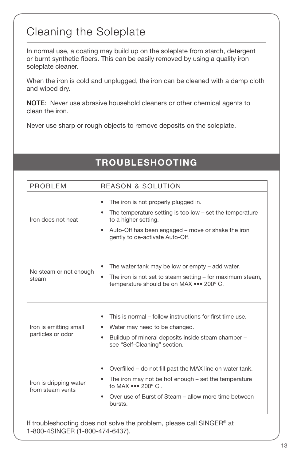 Cleaning the soleplate, Troubleshooting | SINGER EXPERT FINISH II User Manual | Page 13 / 45