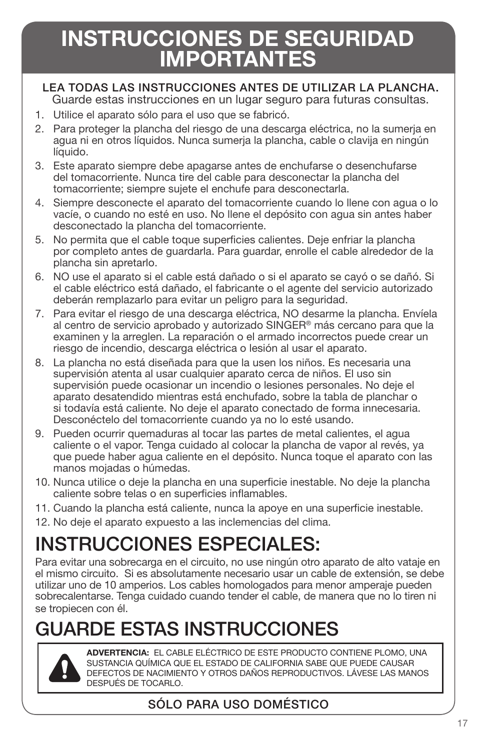 Instrucciones de seguridad importantes, Instrucciones especiales, Guarde estas instrucciones | SINGER EXPERT FINISH II User Manual | Page 17 / 45