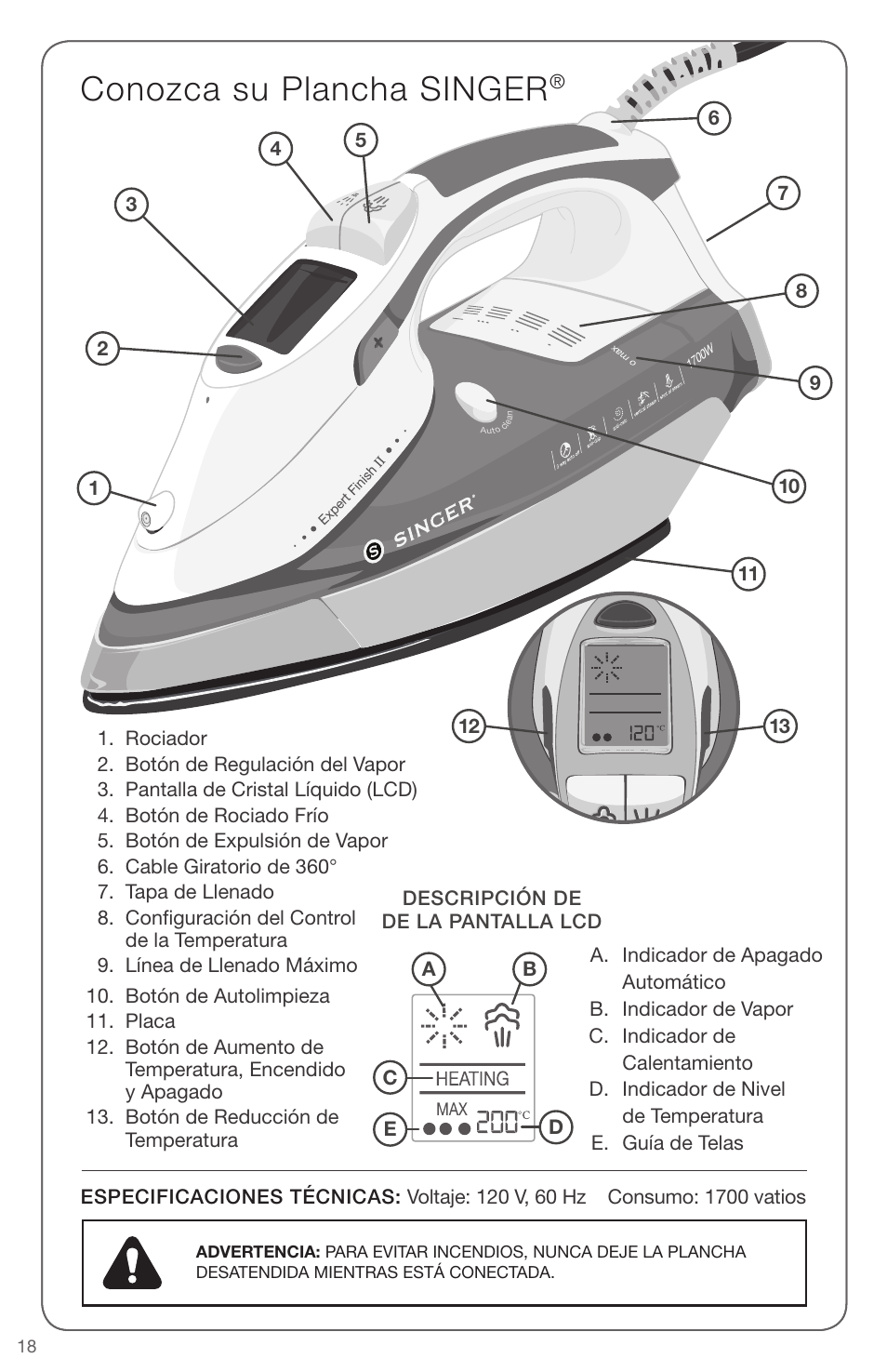 Conozca su plancha singer | SINGER EXPERT FINISH II User Manual | Page 18 / 45