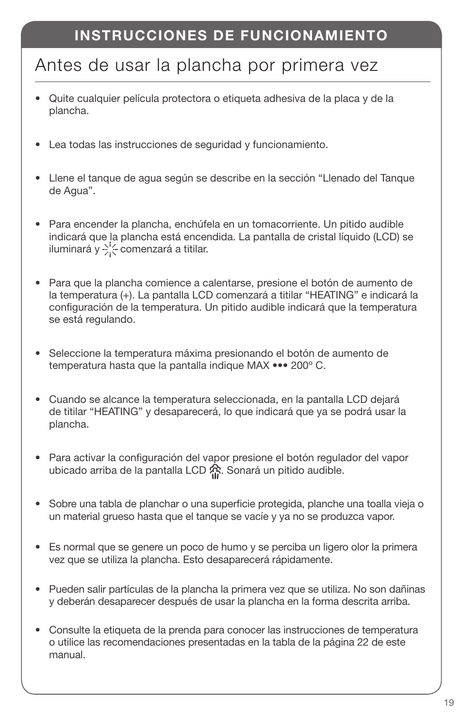 Antes de usar la plancha por primera vez, Instrucciones de funcionamiento | SINGER EXPERT FINISH II User Manual | Page 19 / 45