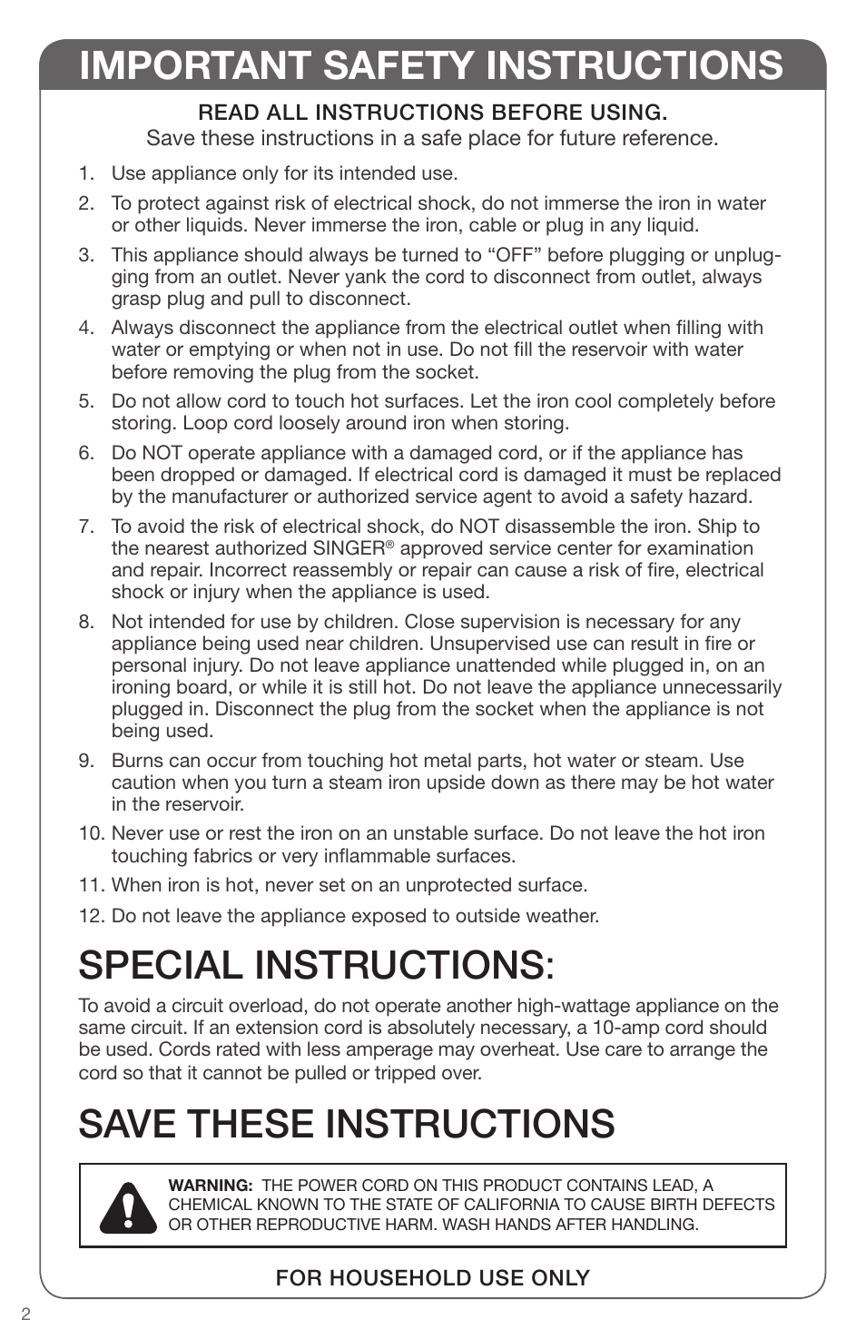 Important safety instructions, Special instructions, Save these instructions | SINGER EXPERT FINISH II User Manual | Page 2 / 45