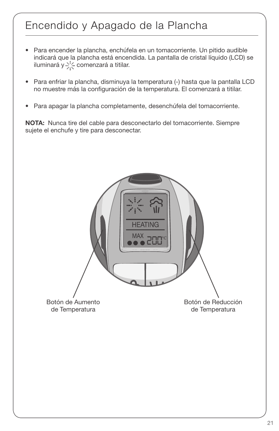 Encendido y apagado de la plancha | SINGER EXPERT FINISH II User Manual | Page 21 / 45