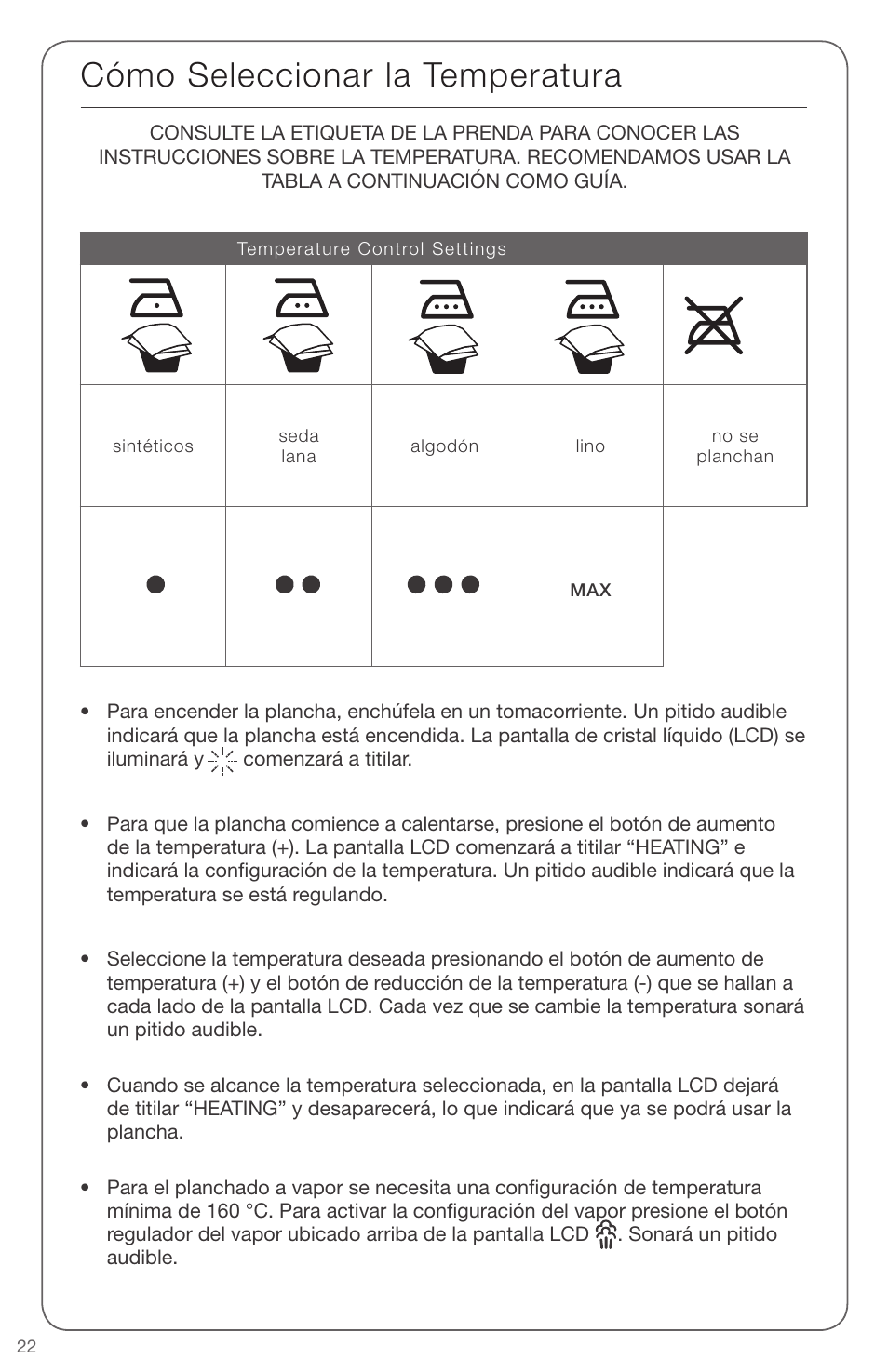 Cómo seleccionar la temperatura | SINGER EXPERT FINISH II User Manual | Page 22 / 45