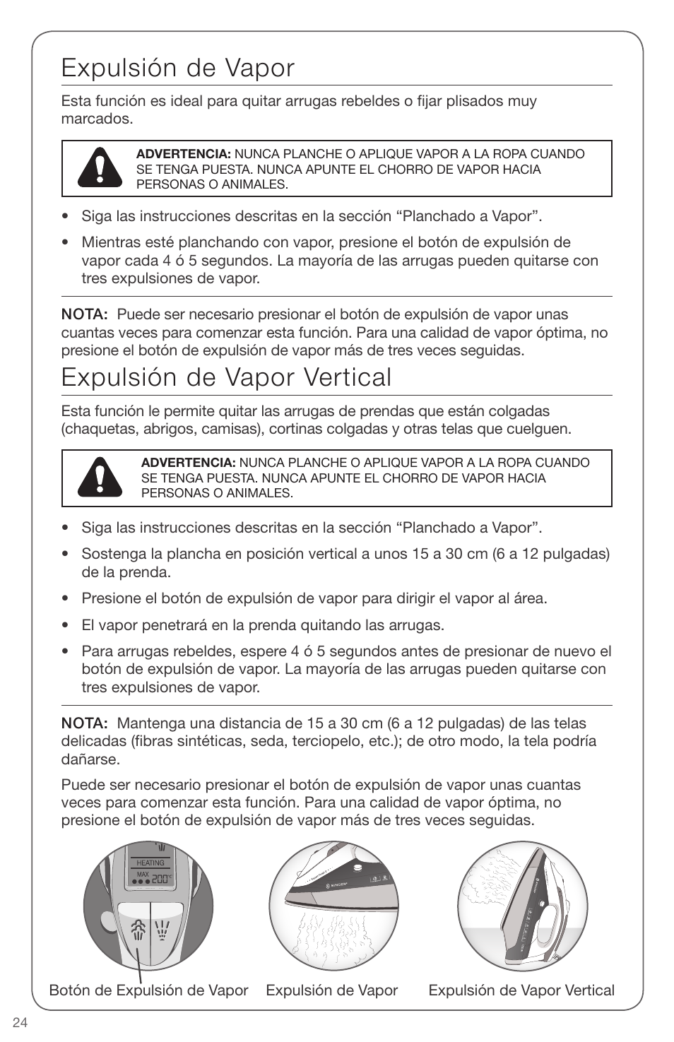 Expulsión de vapor vertical, Expulsión de vapor | SINGER EXPERT FINISH II User Manual | Page 24 / 45