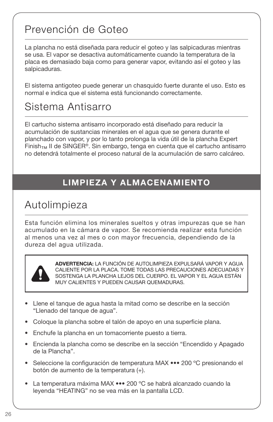 Prevención de goteo, Sistema antisarro, Autolimpieza | Limpieza y almacenamiento | SINGER EXPERT FINISH II User Manual | Page 26 / 45