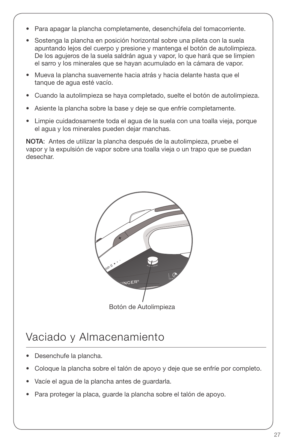 Vaciado y almacenamiento | SINGER EXPERT FINISH II User Manual | Page 27 / 45