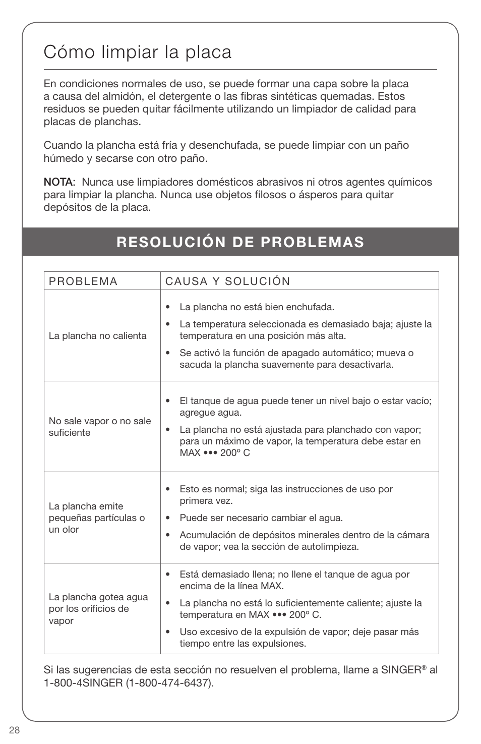 Cómo limpiar la placa, Resolución de problemas | SINGER EXPERT FINISH II User Manual | Page 28 / 45