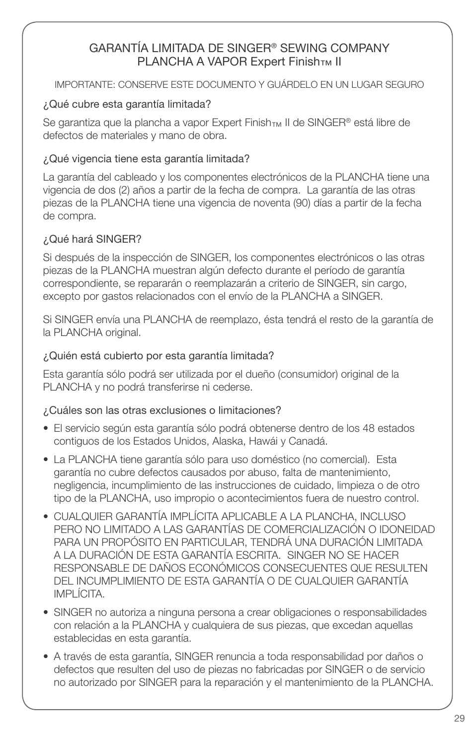 Garantía limitada de singer, Sewing company plancha a vapor expert finish™ ii | SINGER EXPERT FINISH II User Manual | Page 29 / 45